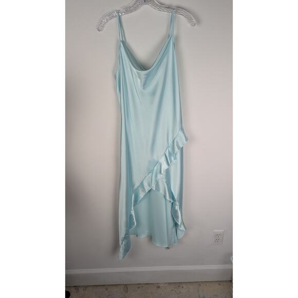 Mint Satin Ruffle Hi-Low Slip Dress | Cowl Neck Prom Nightgown | Size Large - Picture 2 of 9